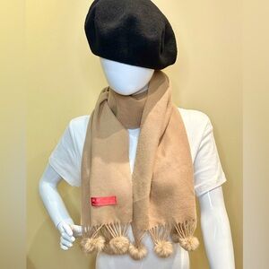 Chic Camel Color Cashmere? Scarf Rabbit Fur Pompom Fringe by Rong Biao Neutral
